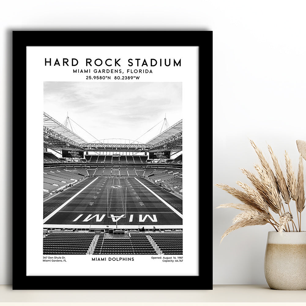 Hard Rock Stadium Black And White, Miami Dolphins Football Stadium Wall Art Print, Framed Art Prints Wall Decor