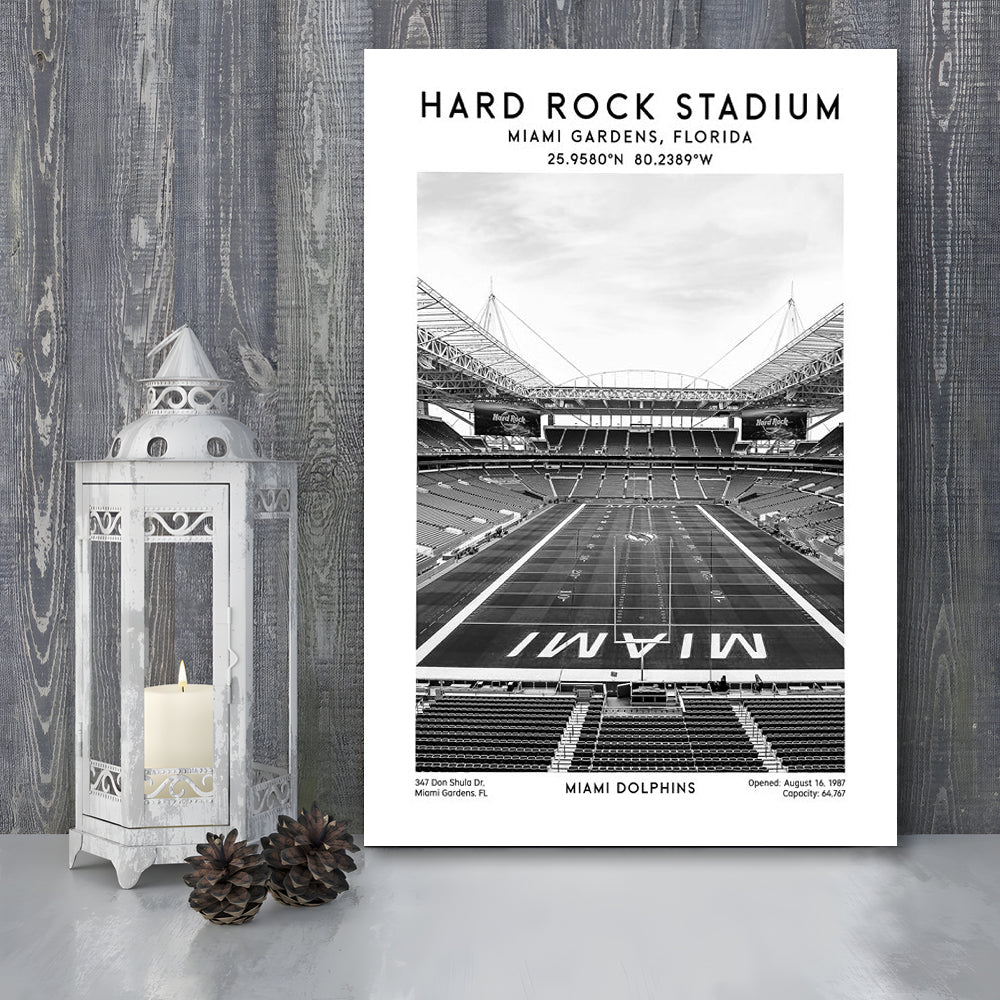 Hard Rock Stadium Black And White, Miami Dolphins Football Stadium Wall Art Print, Canvas Prints Wall Art, Man Cave Decor