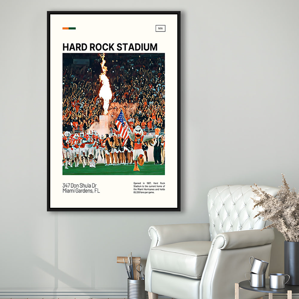 Hard Rock Stadium Print, Miami Hurricanes Stadium Canvas Art, Man Cave Gift, Floating Framed Canvas Print Wall Art
