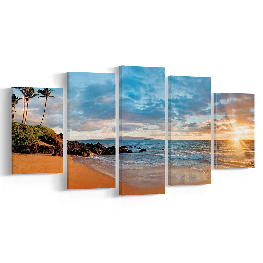 Hawaii Maui Makena Secret Beach At Sunset Large Stretched Canvas, 5 Piece Large Cavas Print Wall Art