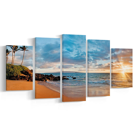 Hawaii Maui Makena Secret Beach At Sunset Large Stretched Canvas, 5 Piece Large Cavas Print Wall Art