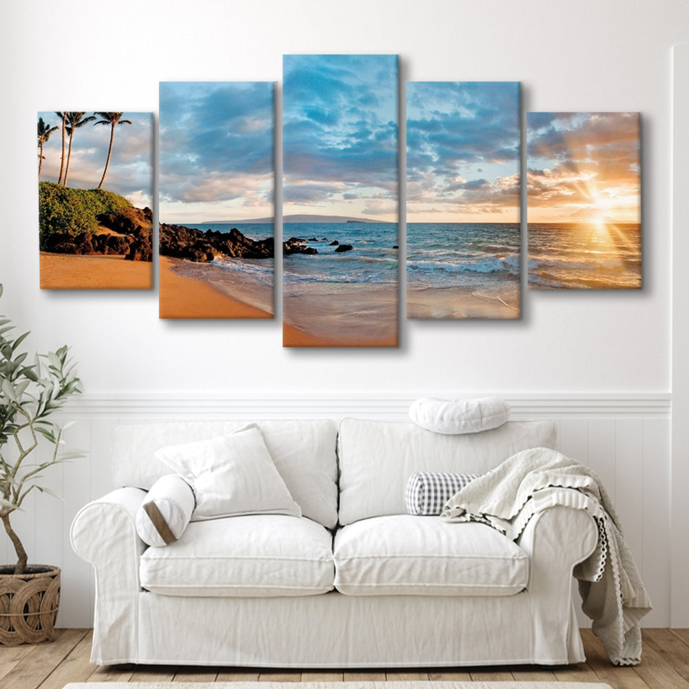 Hawaii Maui Makena Secret Beach At Sunset Large Stretched Canvas, 5 Piece Large Cavas Print Wall Art