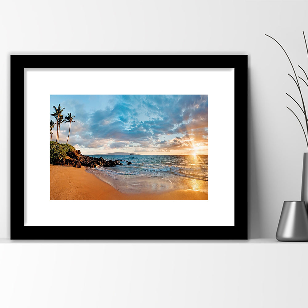 Hawaii Maui Makena Secret Beach At Sunset Large Stretched, Framed Art Print White Border