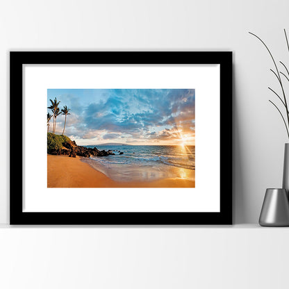 Hawaii Maui Makena Secret Beach At Sunset Large Stretched, Framed Art Print White Border
