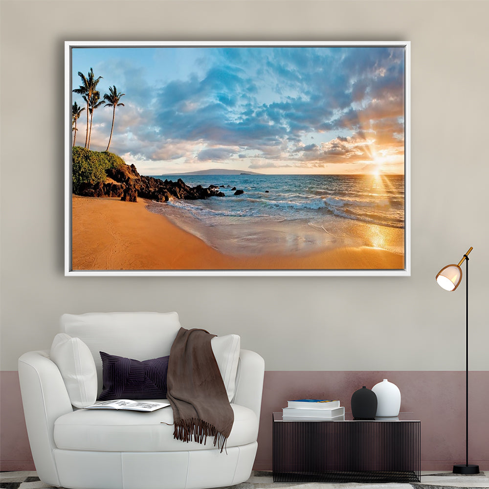 Hawaii Maui Makena Secret Beach At Sunset Large Stretched Canvas, Framed Cavas Print, Floating Frame