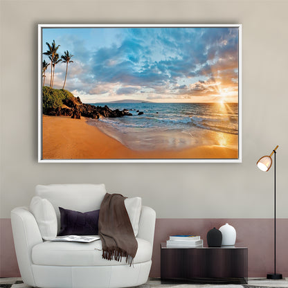 Hawaii Maui Makena Secret Beach At Sunset Large Stretched Canvas, Framed Cavas Print, Floating Frame