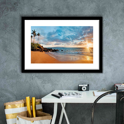 Hawaii Maui Makena Secret Beach At Sunset Large Stretched, Framed Art Print White Border