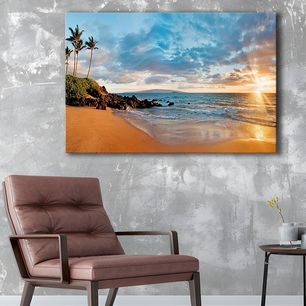 Hawaii Maui Makena Secret Beach At Sunset Large Stretched Canvas, Cavas Print Wall Art Hom Decor