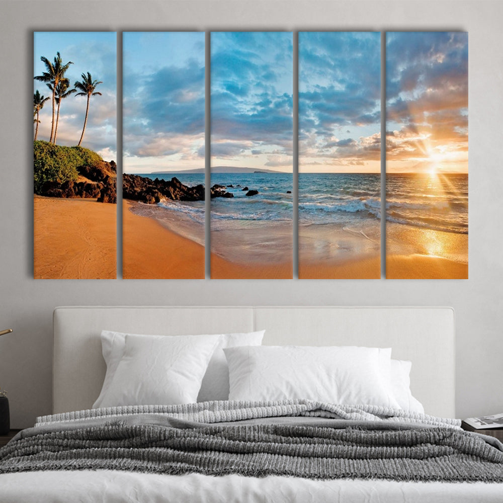 Hawaii Maui Makena Secret Beach At Sunset Large Stretched Canvas, 5 Piece B Extra Large Cavas Print Wall Art Decor
