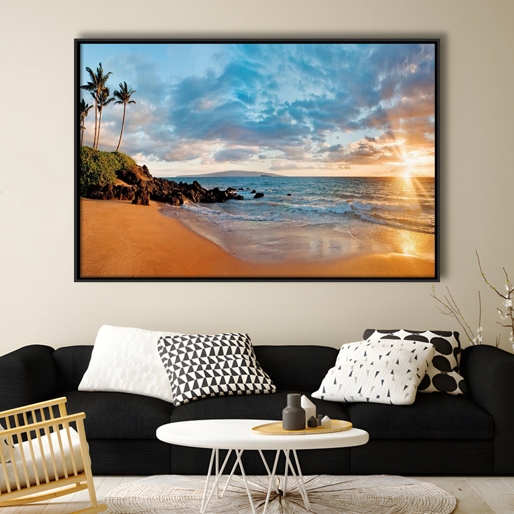 Hawaii Maui Makena Secret Beach At Sunset Large Stretched Canvas, Framed Cavas Print, Floating Frame