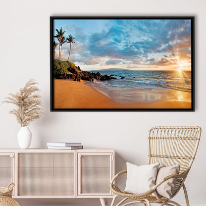 Hawaii Maui Makena Secret Beach At Sunset Large Stretched Canvas, Framed Cavas Print, Floating Frame