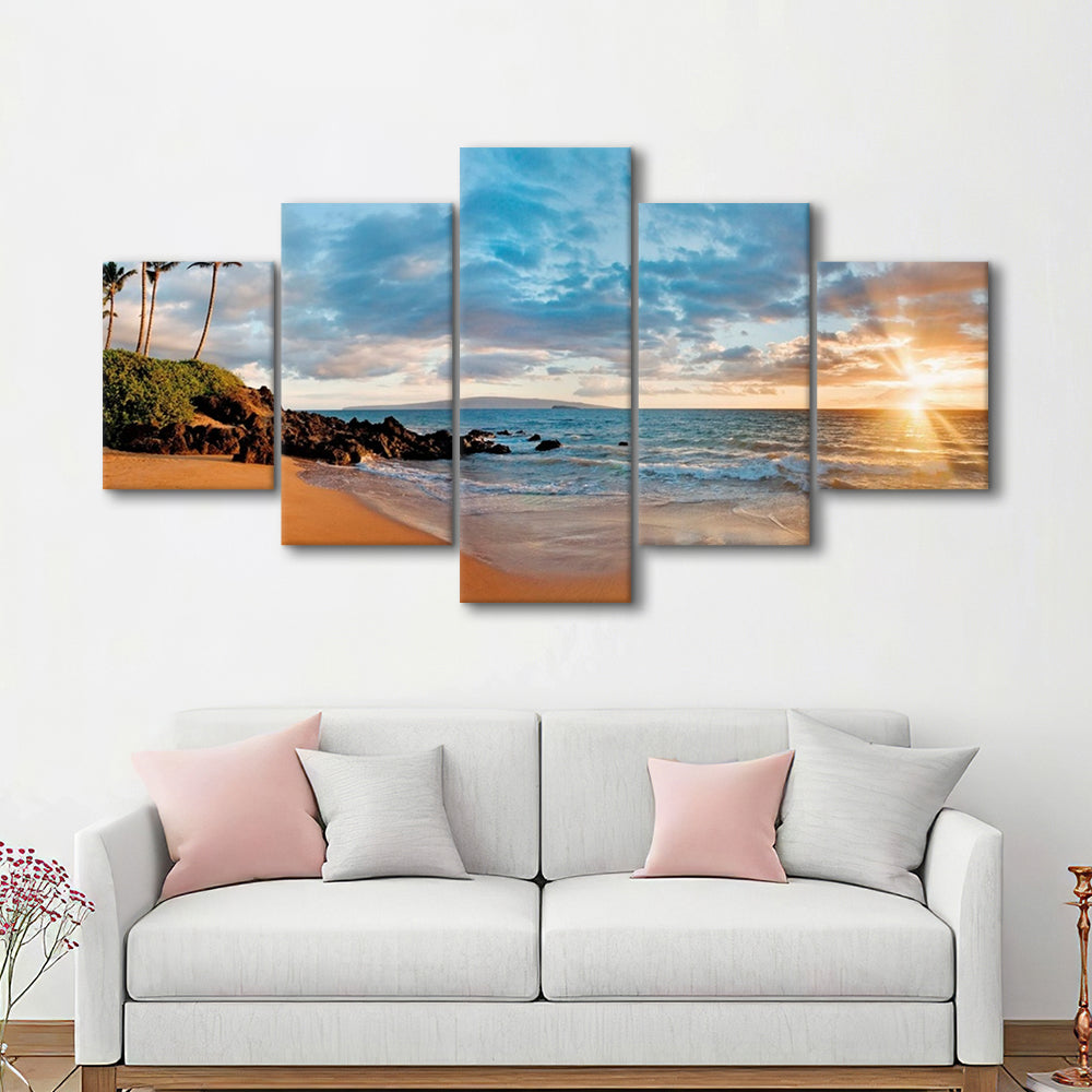 Hawaii Maui Makena Secret Beach At Sunset Large Stretched Canvas, 5 Piece Large Cavas Print Wall Art