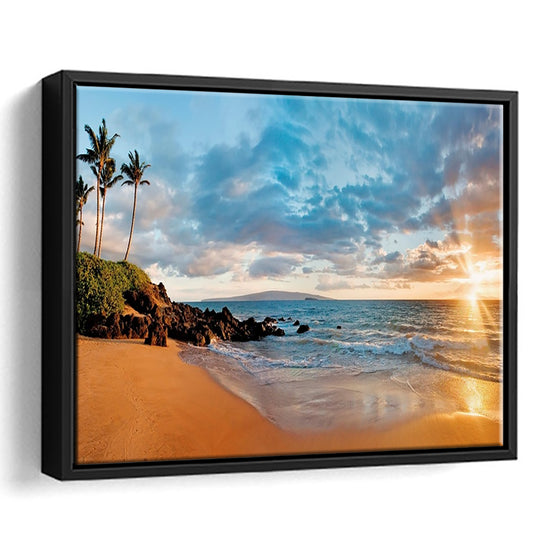 Hawaii Maui Makena Secret Beach At Sunset Large Stretched Canvas, Framed Cavas Print, Floating Frame