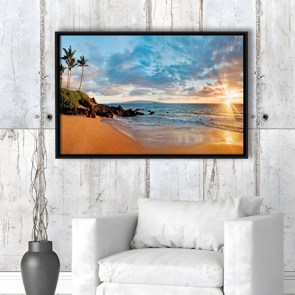Hawaii Maui Makena Secret Beach At Sunset Large Stretched Canvas, Framed Cavas Print, Floating Frame