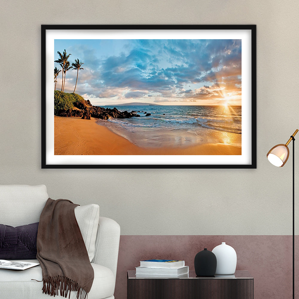 Hawaii Maui Makena Secret Beach At Sunset Large Stretched, Framed Art Print White Border