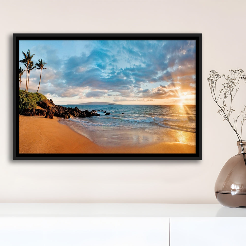 Hawaii Maui Makena Secret Beach At Sunset Large Stretched Canvas, Framed Cavas Print, Floating Frame