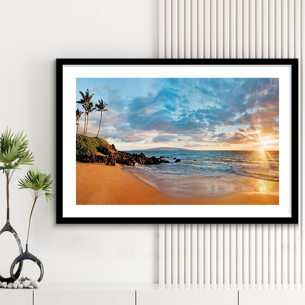 Hawaii Maui Makena Secret Beach At Sunset Large Stretched, Framed Art Print White Border