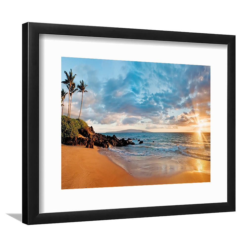 Hawaii Maui Makena Secret Beach At Sunset Large Stretched, Framed Art Print White Border