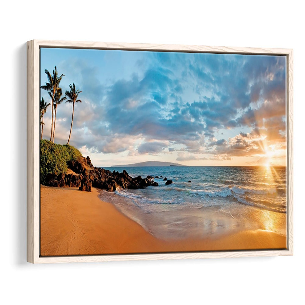 Hawaii Maui Makena Secret Beach At Sunset Large Stretched Canvas, Framed Cavas Print, Floating Frame