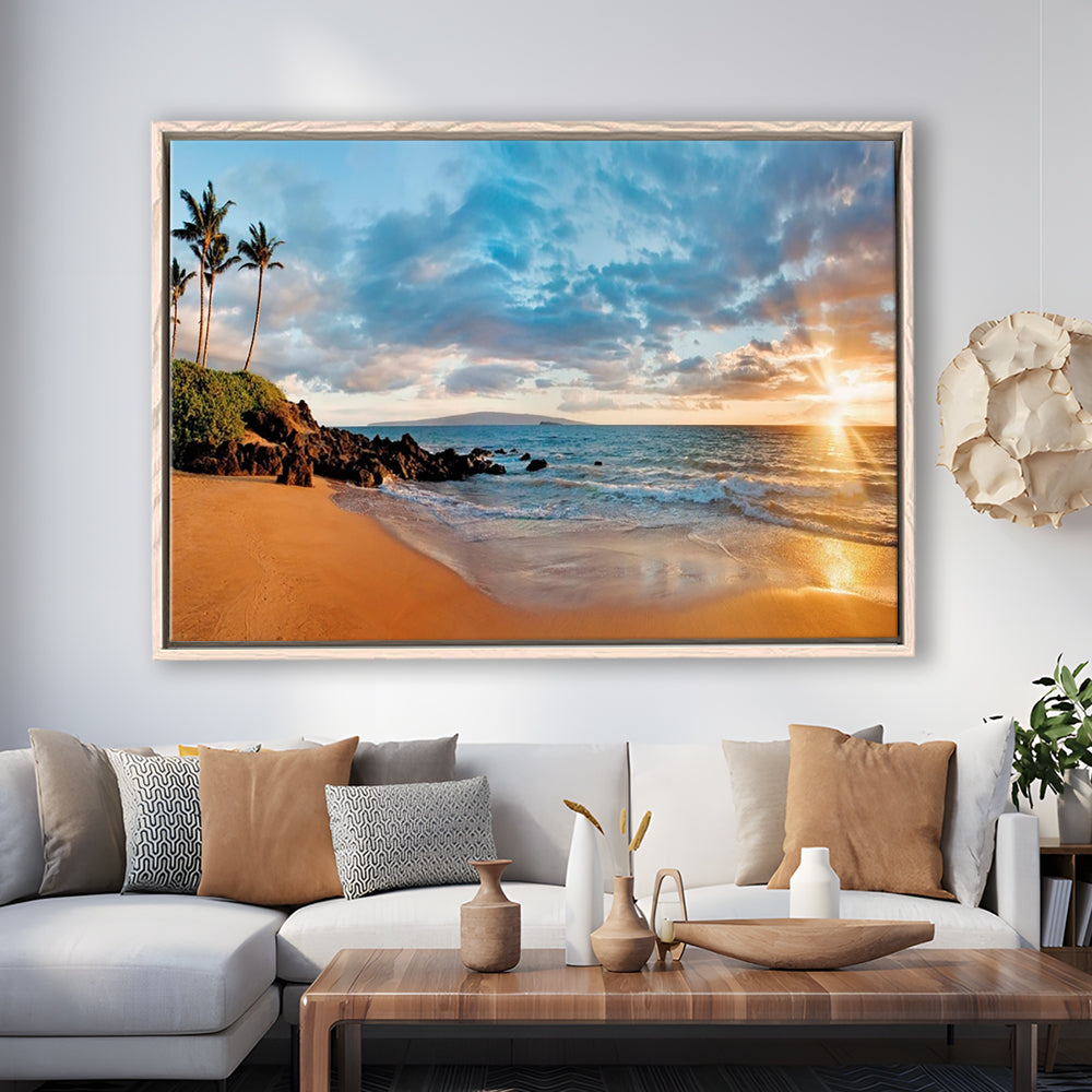 Hawaii Maui Makena Secret Beach At Sunset Large Stretched Canvas, Framed Cavas Print, Floating Frame