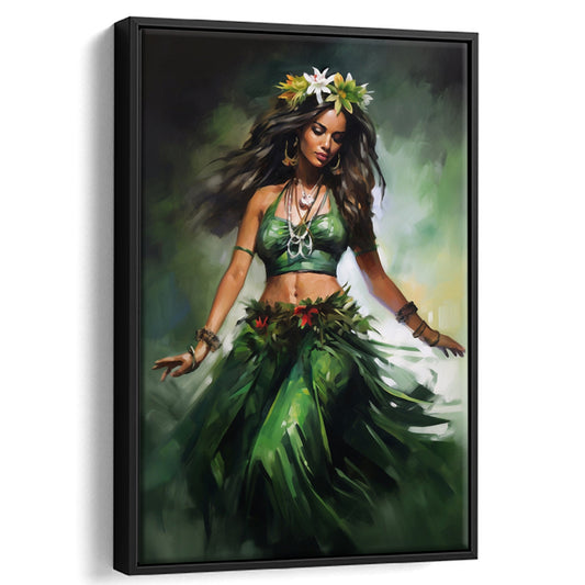 Hawaii,Hula Girl Dancing Traditional Hula Dance Painting , Framed Canvas Print Wall Art, Floating Frame