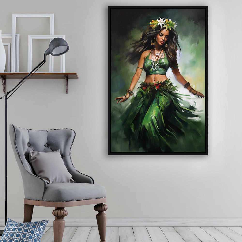 Hawaii,Hula Girl Dancing Traditional Hula Dance Painting , Framed Canvas Print Wall Art, Floating Frame