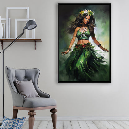 Hawaii,Hula Girl Dancing Traditional Hula Dance Painting , Framed Canvas Print Wall Art, Floating Frame