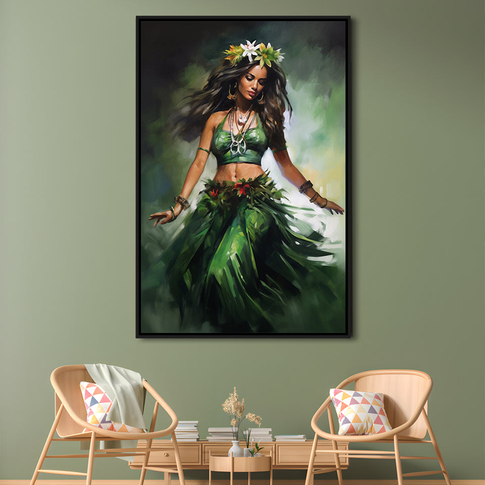 Hawaii,Hula Girl Dancing Traditional Hula Dance Painting , Framed Canvas Print Wall Art, Floating Frame