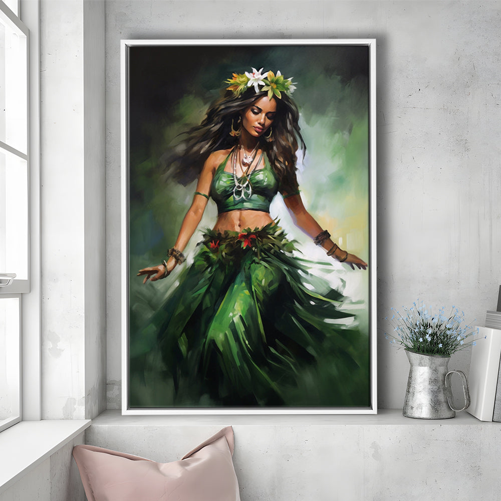 Hawaii,Hula Girl Dancing Traditional Hula Dance Painting , Framed Canvas Print Wall Art, Floating Frame