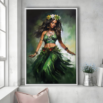 Hawaii,Hula Girl Dancing Traditional Hula Dance Painting , Framed Canvas Print Wall Art, Floating Frame