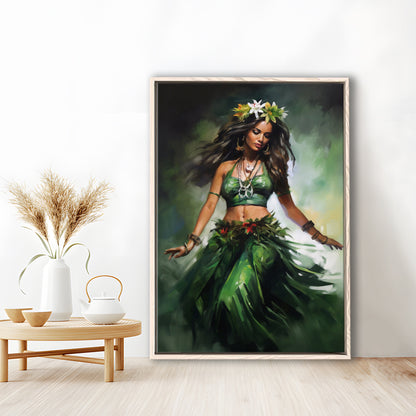 Hawaii,Hula Girl Dancing Traditional Hula Dance Painting , Framed Canvas Print Wall Art, Floating Frame