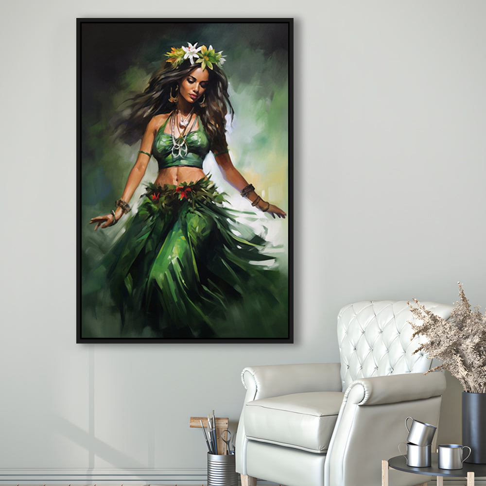 Hawaii,Hula Girl Dancing Traditional Hula Dance Painting , Framed Canvas Print Wall Art, Floating Frame