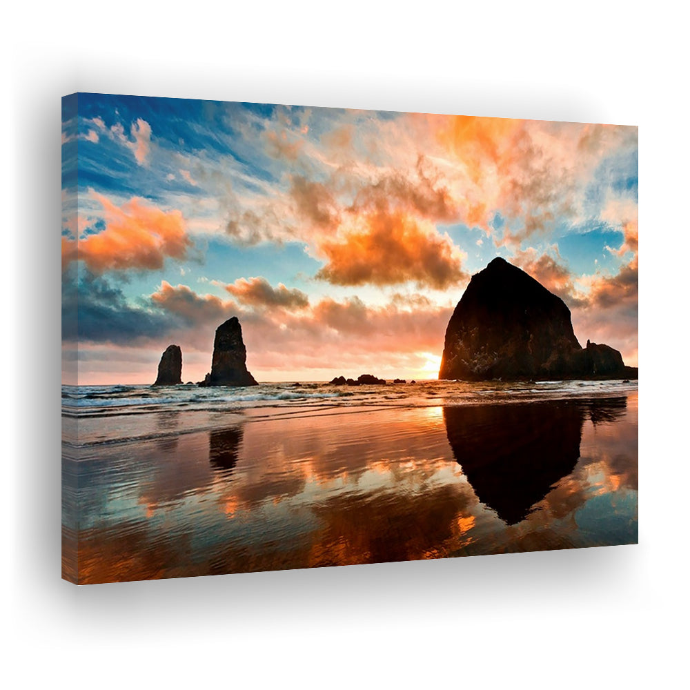 Haystack Rock at sunset Cannon Beach Oregon. Large Stretched Canvas, Cavas Print Wall Art Hom Decor