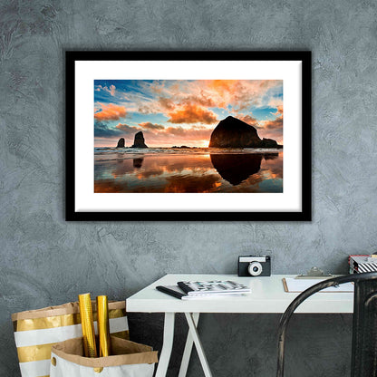 Haystack Rock At Sunset Cannon Beach Oregon. Large Stretched, Framed Art Print White Border