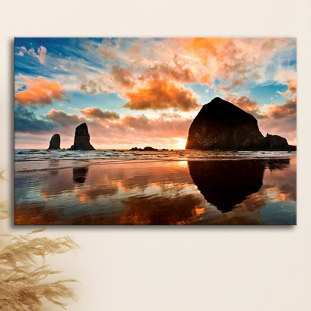 Haystack Rock at sunset Cannon Beach Oregon. Large Stretched Canvas, Cavas Print Wall Art Hom Decor