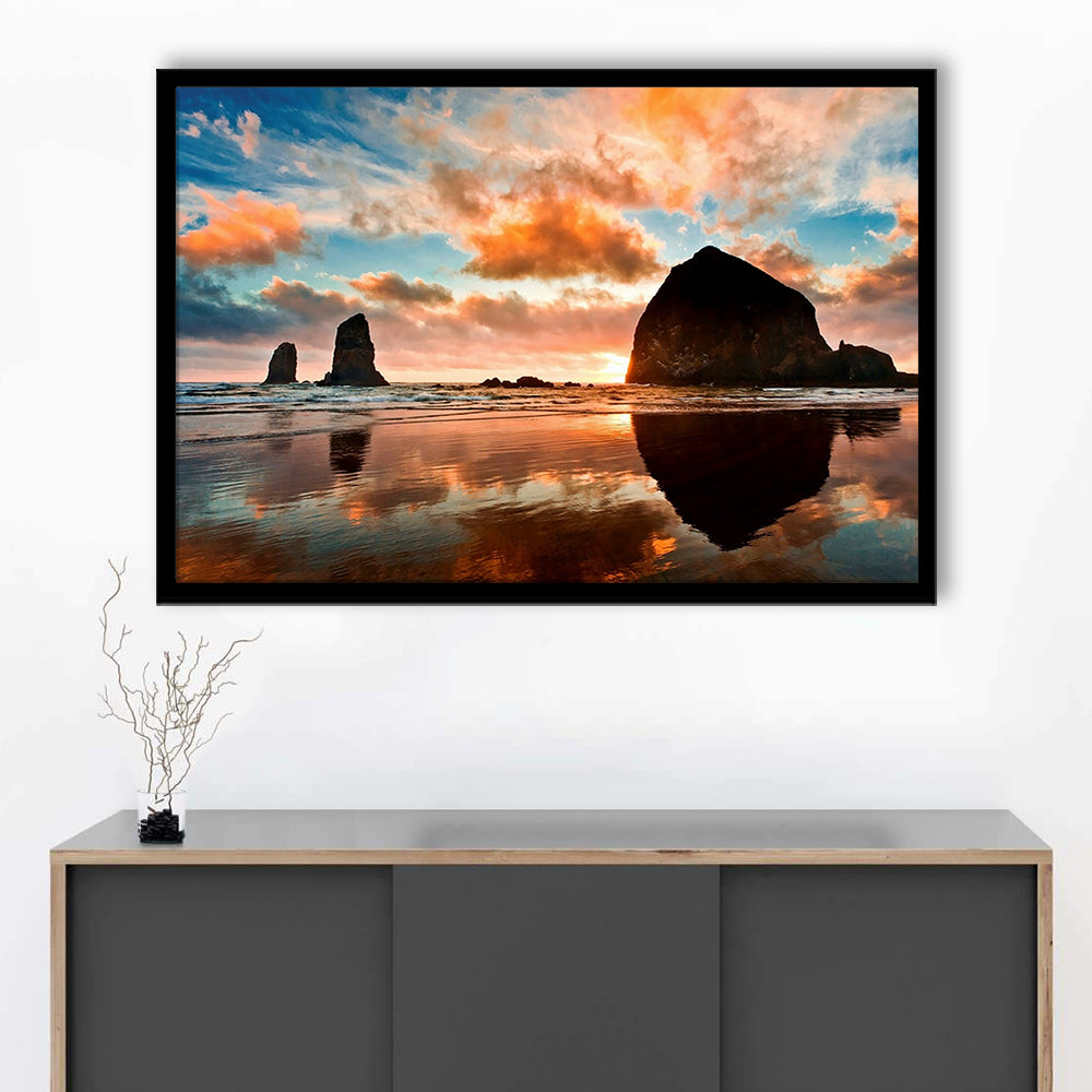 Haystack Rock At Sunset Cannon Beach Oregon. LargeArt Prints, Framed Art Print, Picture Framed