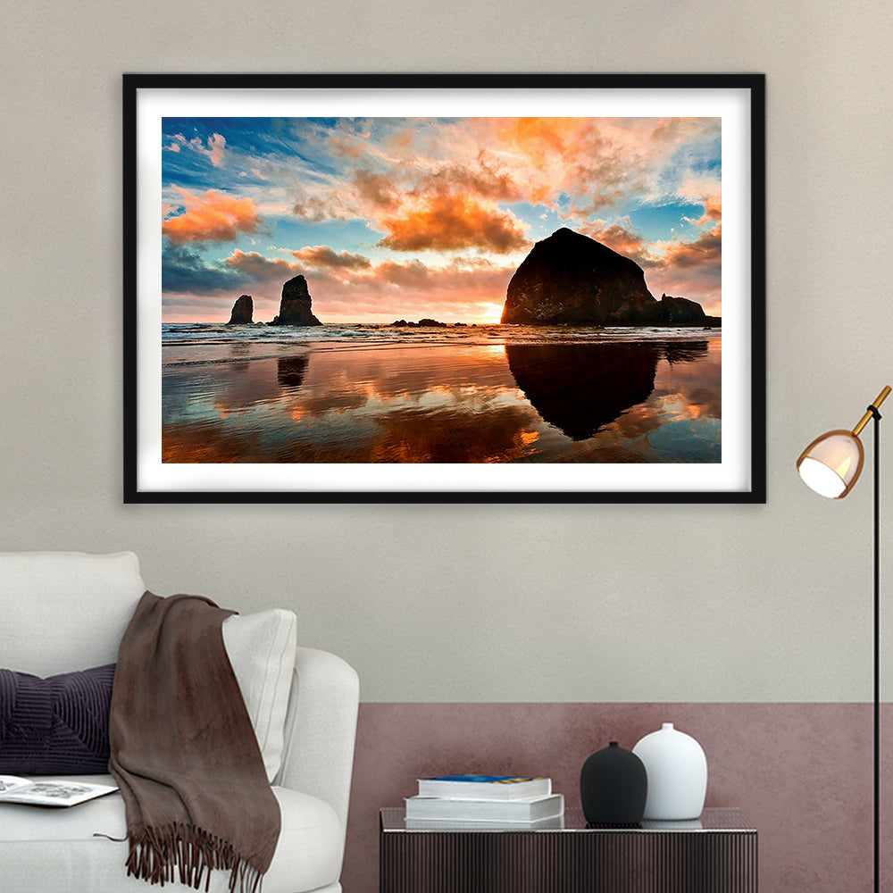 Haystack Rock At Sunset Cannon Beach Oregon. Large Stretched, Framed Art Print White Border