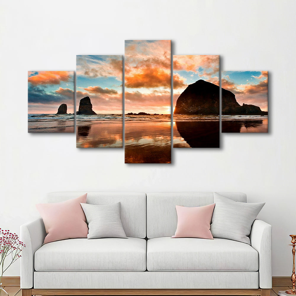 Haystack Rock at sunset Cannon Beach Oregon. Large Stretched Canvas, 5 Piece Large Cavas Print Wall Art