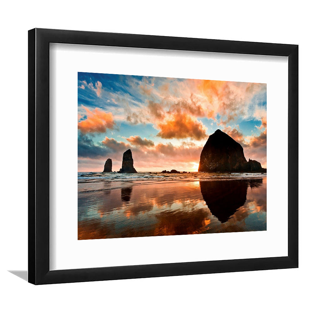 Haystack Rock At Sunset Cannon Beach Oregon. Large Stretched, Framed Art Print White Border