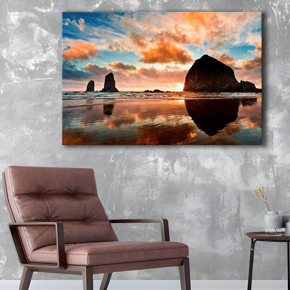 Haystack Rock at sunset Cannon Beach Oregon. Large Stretched Canvas, Cavas Print Wall Art Hom Decor