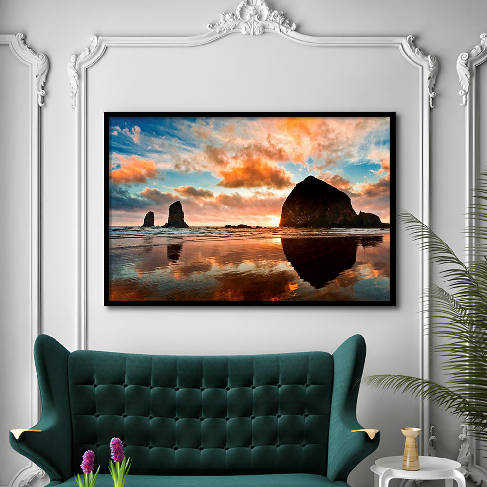 Haystack Rock At Sunset Cannon Beach Oregon. LargeArt Prints, Framed Art Print, Picture Framed