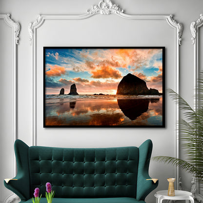 Haystack Rock At Sunset Cannon Beach Oregon. LargeArt Prints, Framed Art Print, Picture Framed