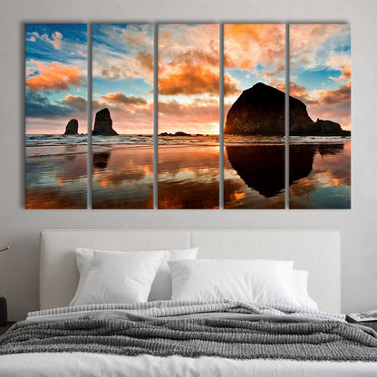 Haystack Rock at sunset Cannon Beach Oregon. Large Stretched Canvas, 5 Piece B Extra Large Cavas Print Wall Art Decor