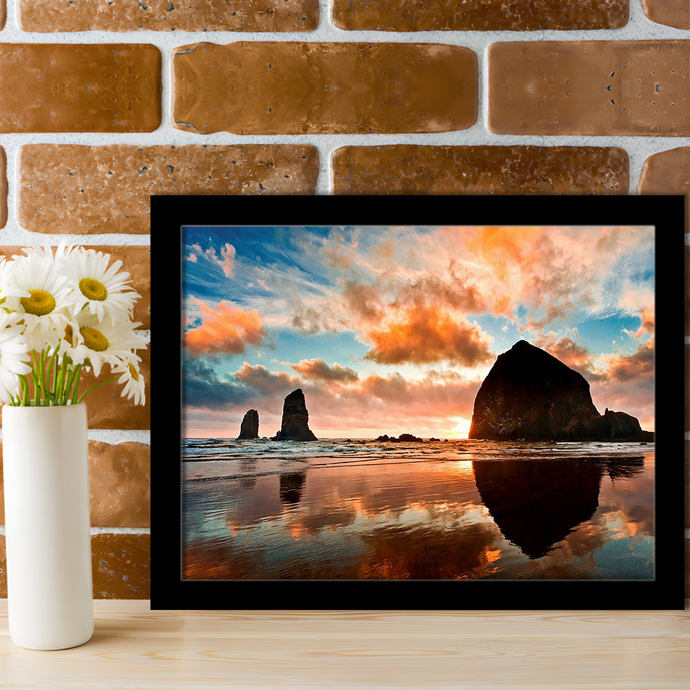 Haystack Rock At Sunset Cannon Beach Oregon. LargeArt Prints, Framed Art Print, Picture Framed