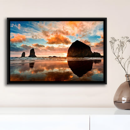 Haystack Rock At Sunset Cannon Beach Oregon. Large Stretched Canvas, Framed Cavas Print, Floating Frame