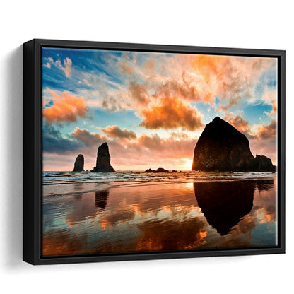 Haystack Rock At Sunset Cannon Beach Oregon. Large Stretched Canvas, Framed Cavas Print, Floating Frame