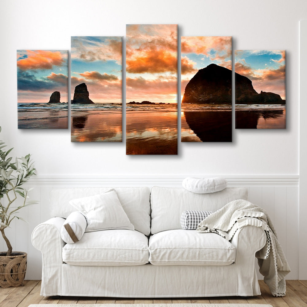 Haystack Rock at sunset Cannon Beach Oregon. Large Stretched Canvas, 5 Piece Large Cavas Print Wall Art