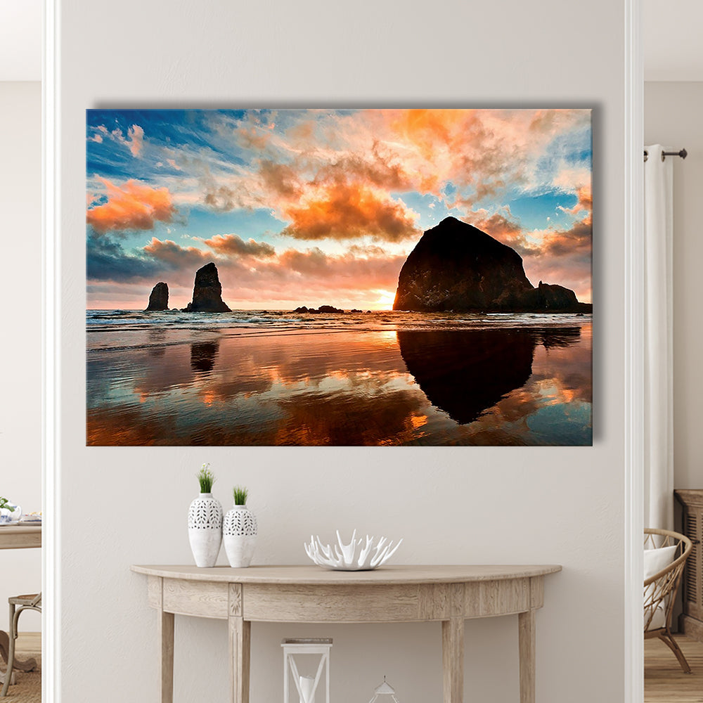 Haystack Rock at sunset Cannon Beach Oregon. Large Stretched Canvas, Cavas Print Wall Art Hom Decor
