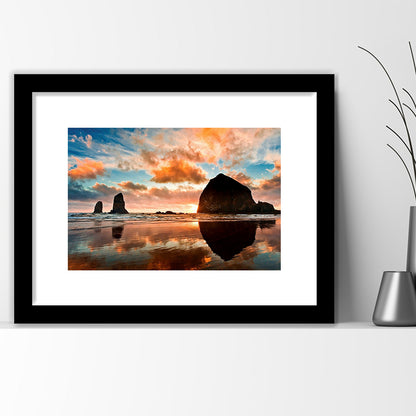 Haystack Rock At Sunset Cannon Beach Oregon. Large Stretched, Framed Art Print White Border