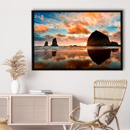 Haystack Rock At Sunset Cannon Beach Oregon. Large Stretched Canvas, Framed Cavas Print, Floating Frame